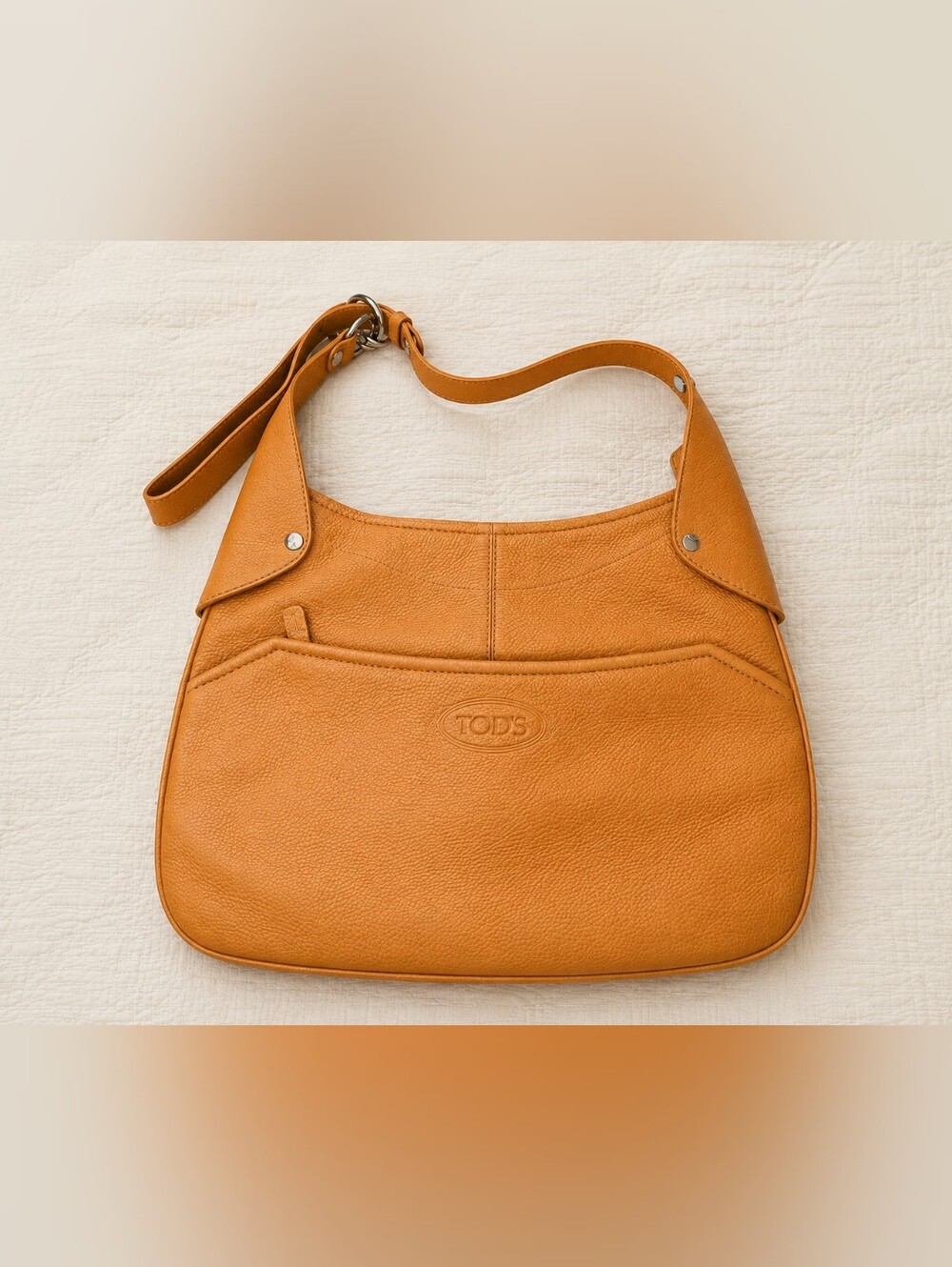 Tod's Cognac Pebbled Leather Hobo Shoulder Bag Made in Italy